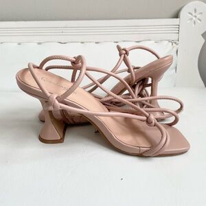 PINK GLADIATOR OPEN SQUARE TOE SANDALS WITH SILVER EGLETS STRAPS FLARED HEEL